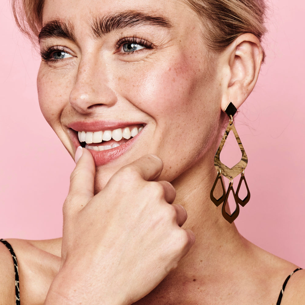 Feather Drop Earrings - White Tortoiseshell & Earth Brown