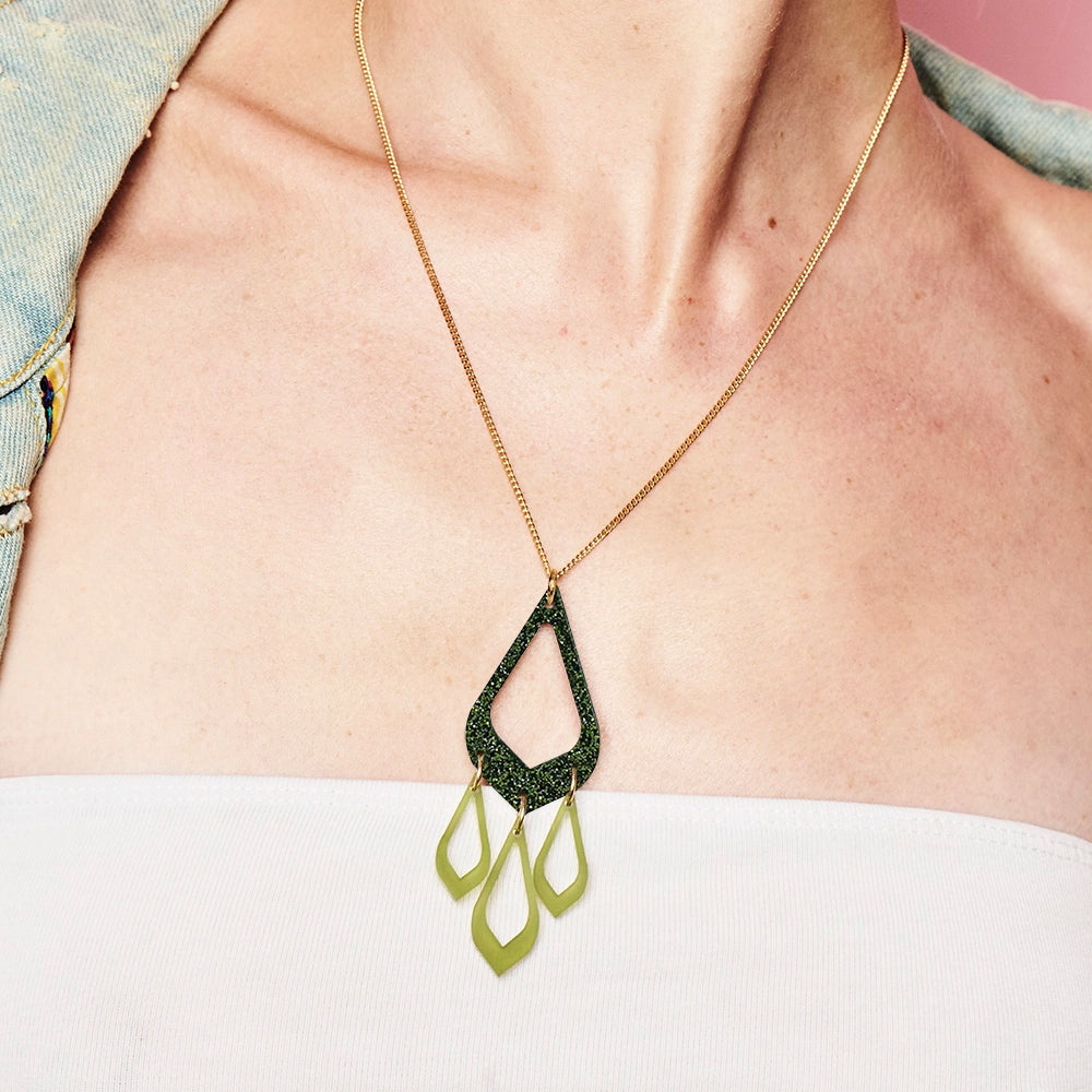 Feather Drop Pendant - Forest Green Glitter & Lime Zest