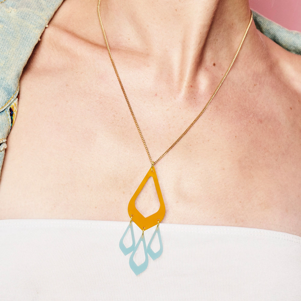 Feather Drop Pendant - Orange Pearl & Light Blue