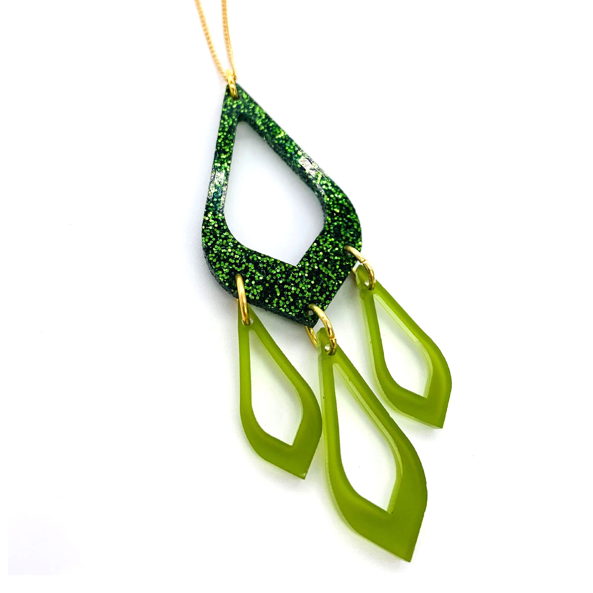 Feather Drop Pendant - Forest Green Glitter & Lime Zest