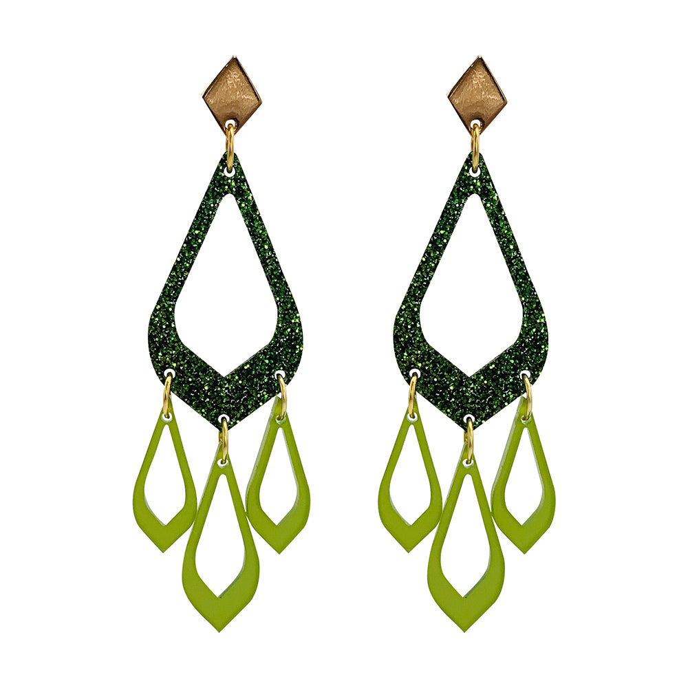 Feather Drop Earrings - Forest Green Glitter & Lime Zest