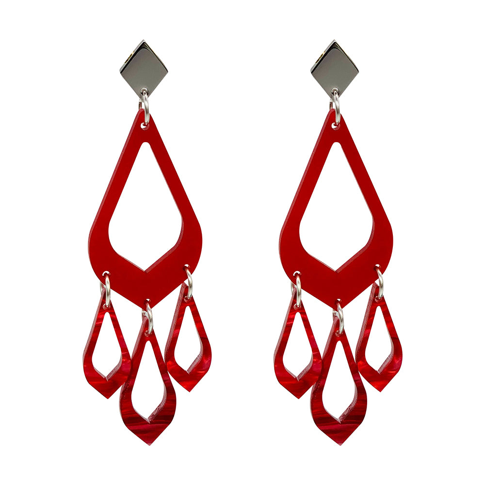 Feather Drop Earrings - Royal Red & Pink Swirl