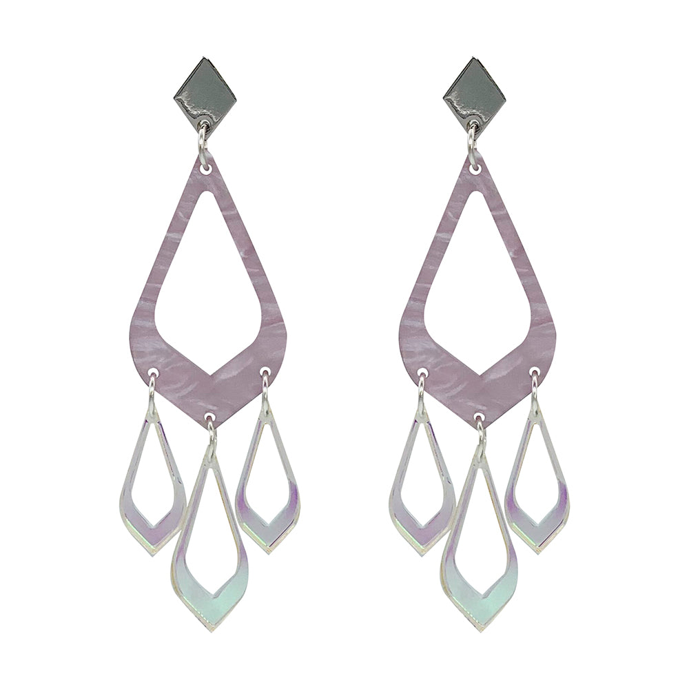 Feather Drop Earrings - Mauve Pearl & Iridescent