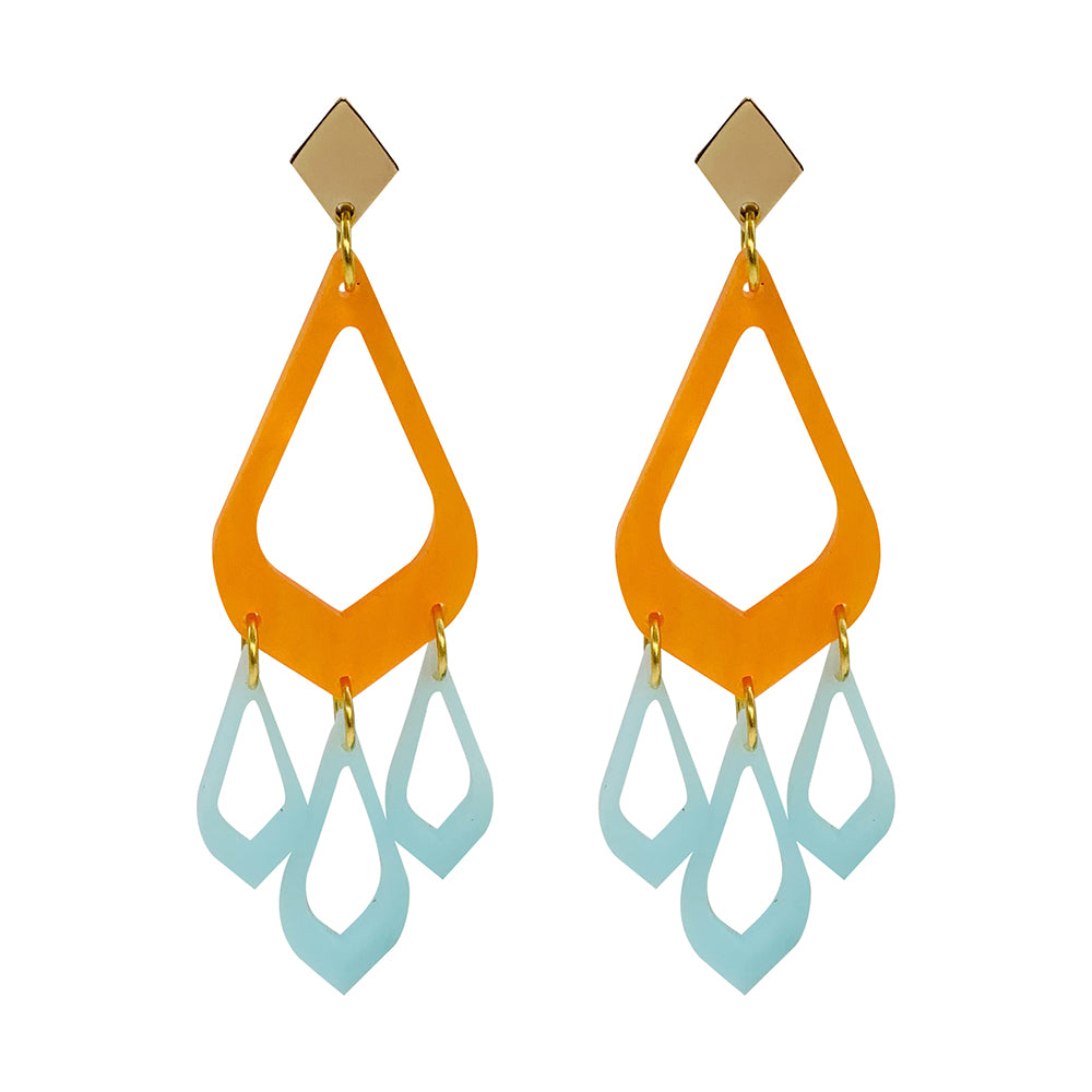 Feather Drop Earrings - Orange Pearl & Island Blue