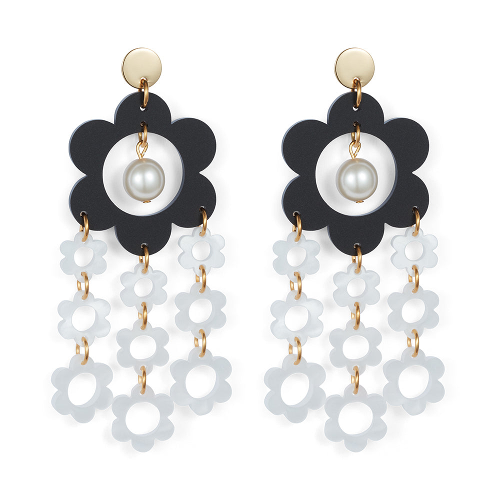 Flower Chandelier Earrings - Black & White