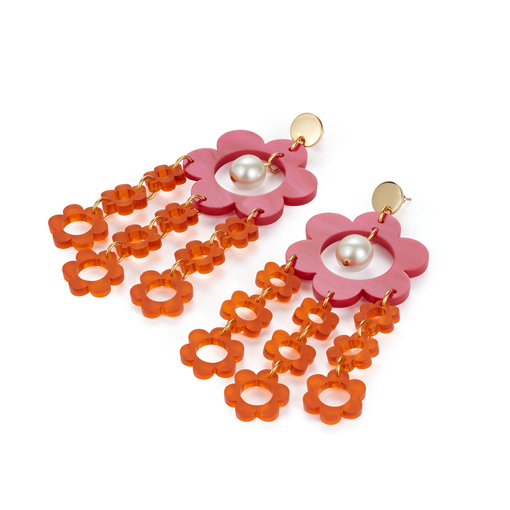 Flower Chandelier Earrings - Cerise & Orange
