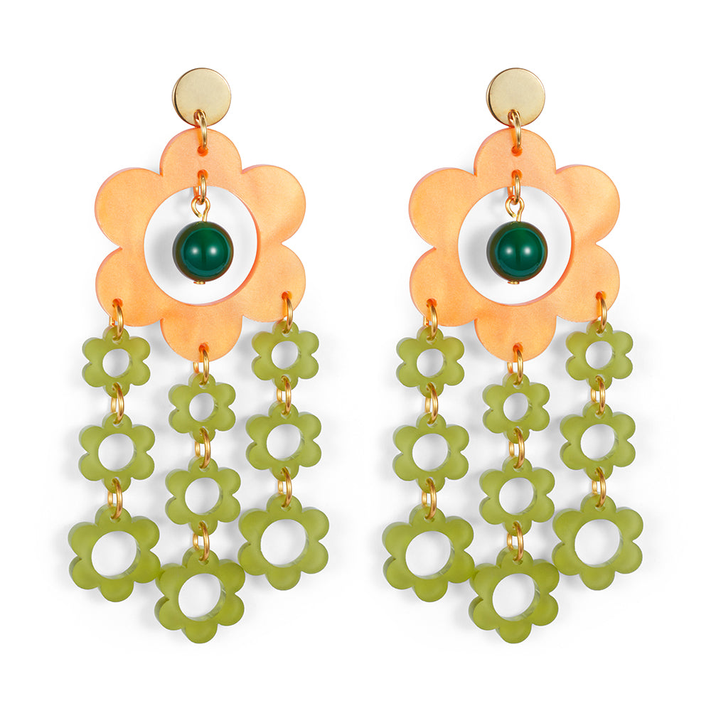 Flower Chandelier Earrings - Orange & Green