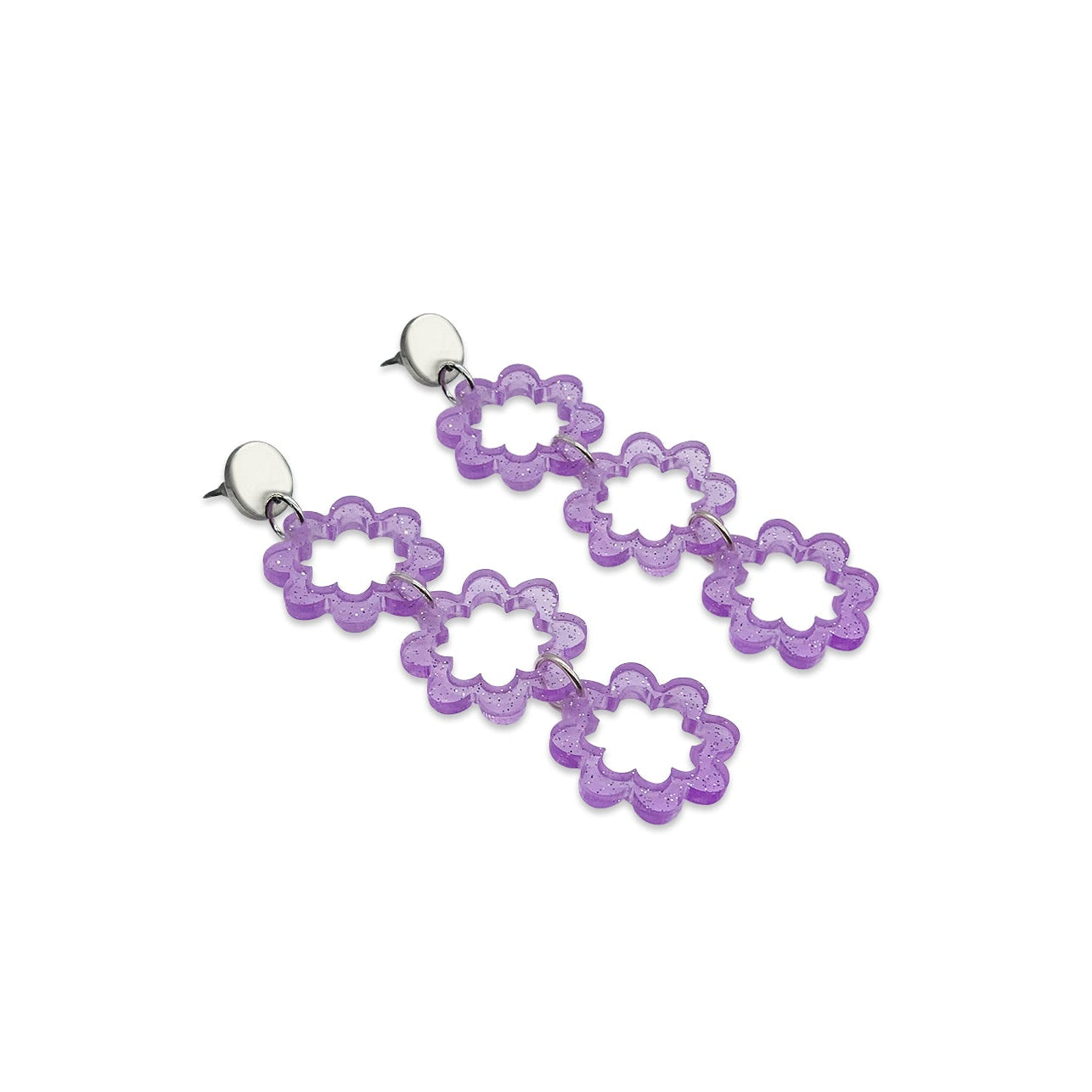 Flower Power Drop Earrings - Purple Glitter