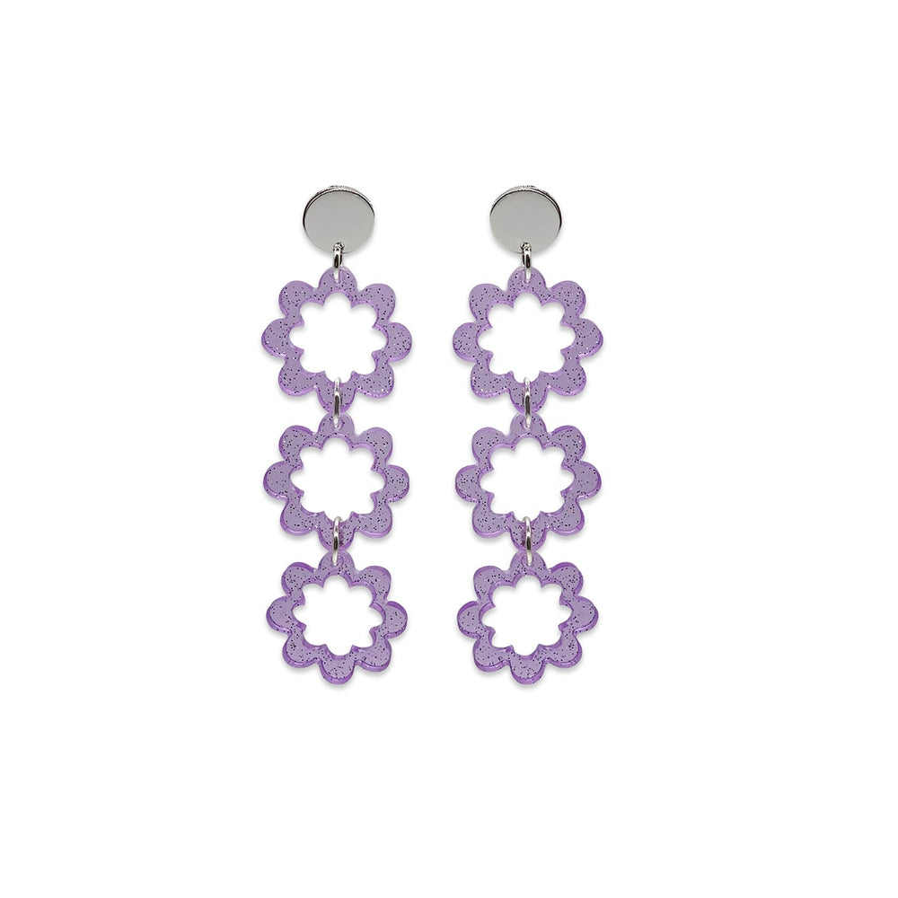 Flower Power Drop Earrings - Purple Glitter
