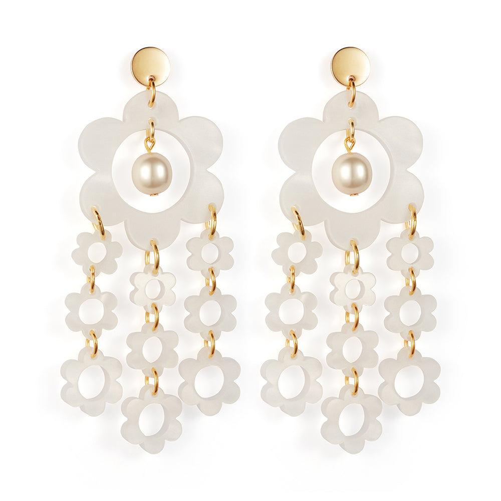 Flower Chandelier Earrings - White