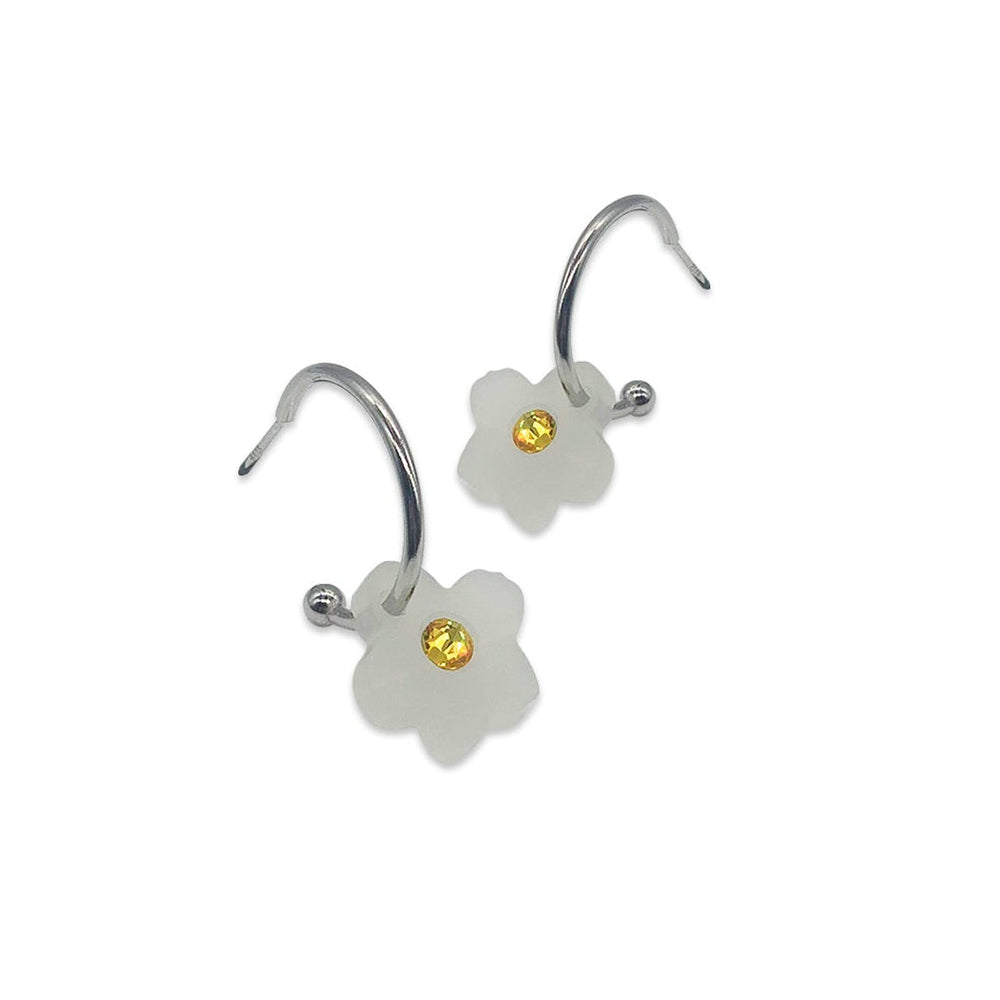 Charming Forget Me Not Hoop Earrings - White Frost & Yellow Crystal