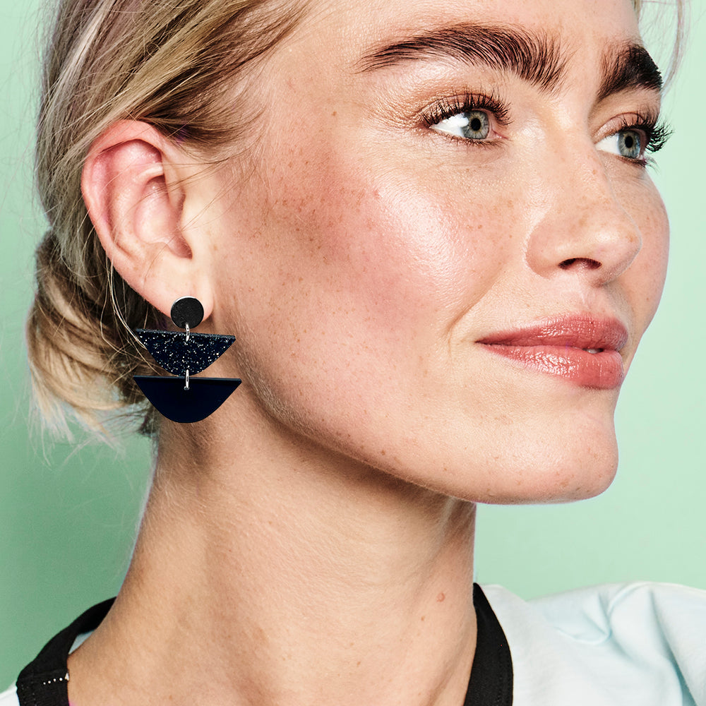 Equinox Drop Earrings - Black Gloss & Black Glitter