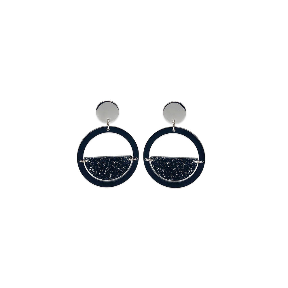 Glitter Globe Earrings - Black Gloss & Black Glitter