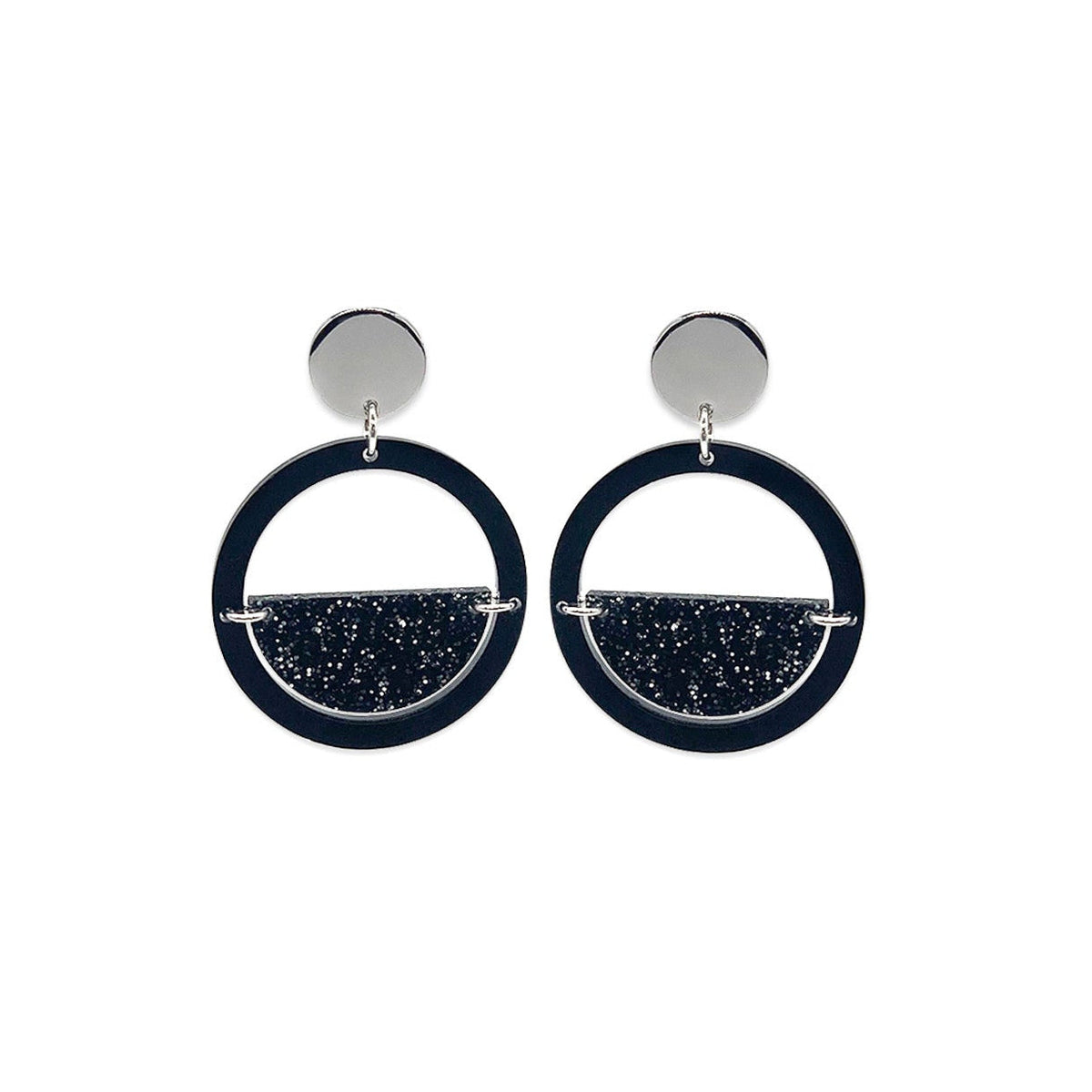 Glitter Globe Earrings - Black Gloss & Black Glitter