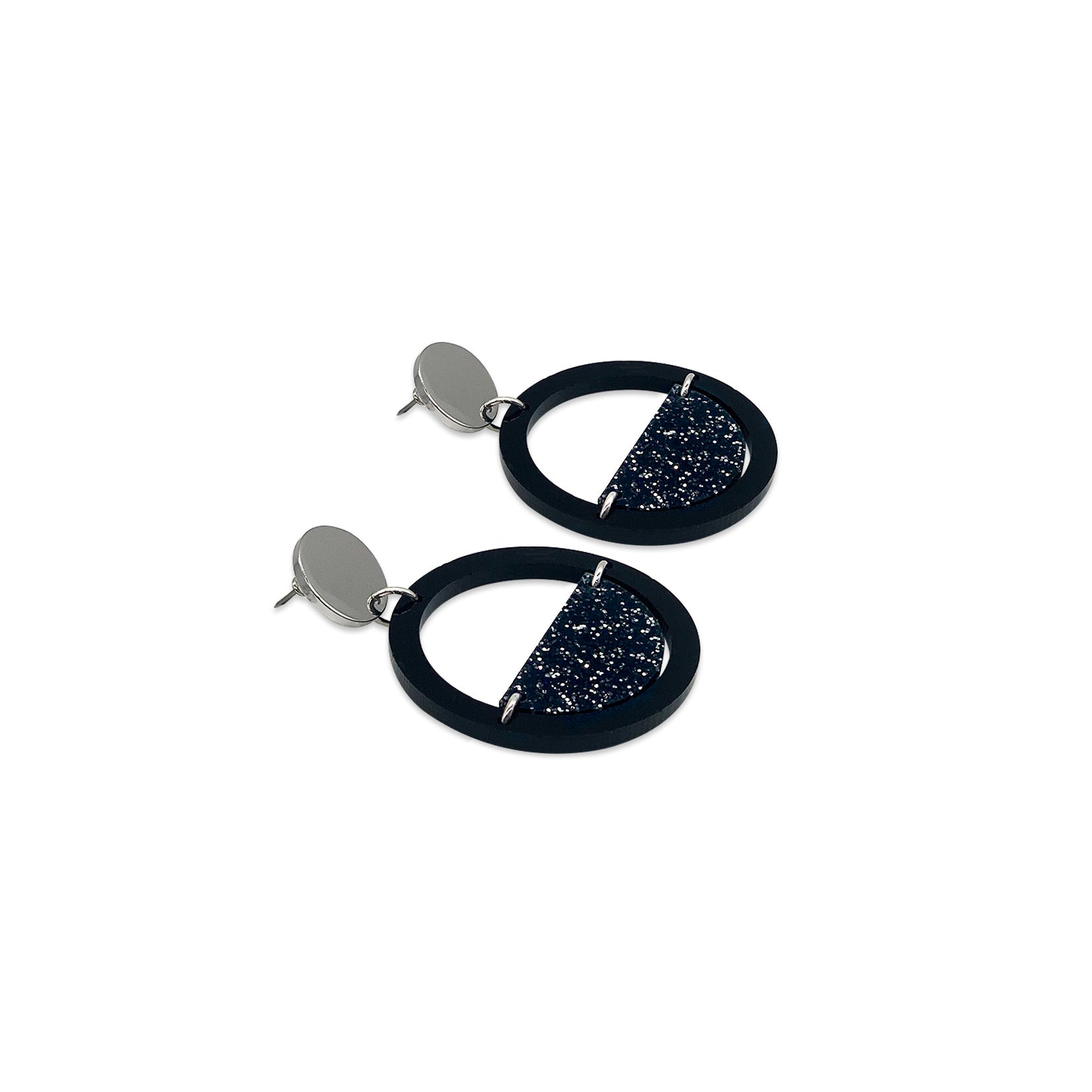 Glitter Globe Earrings - Black Gloss & Black Glitter
