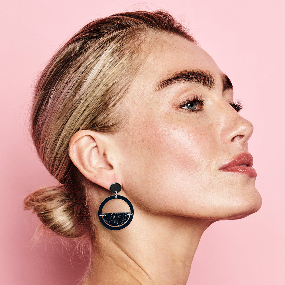 Glitter Globe Earrings - Black Gloss & Black Glitter