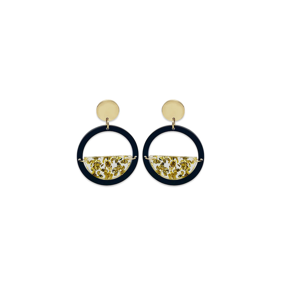 Glitter Globe Earrings - Black Gloss & Gold Fleck