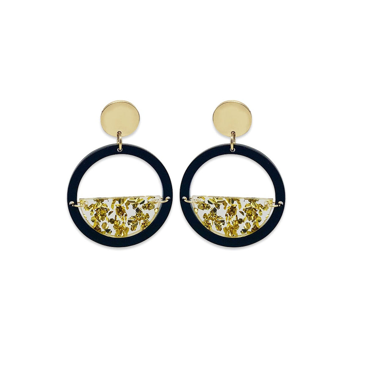 Glitter Globe Earrings - Black Gloss & Gold Fleck
