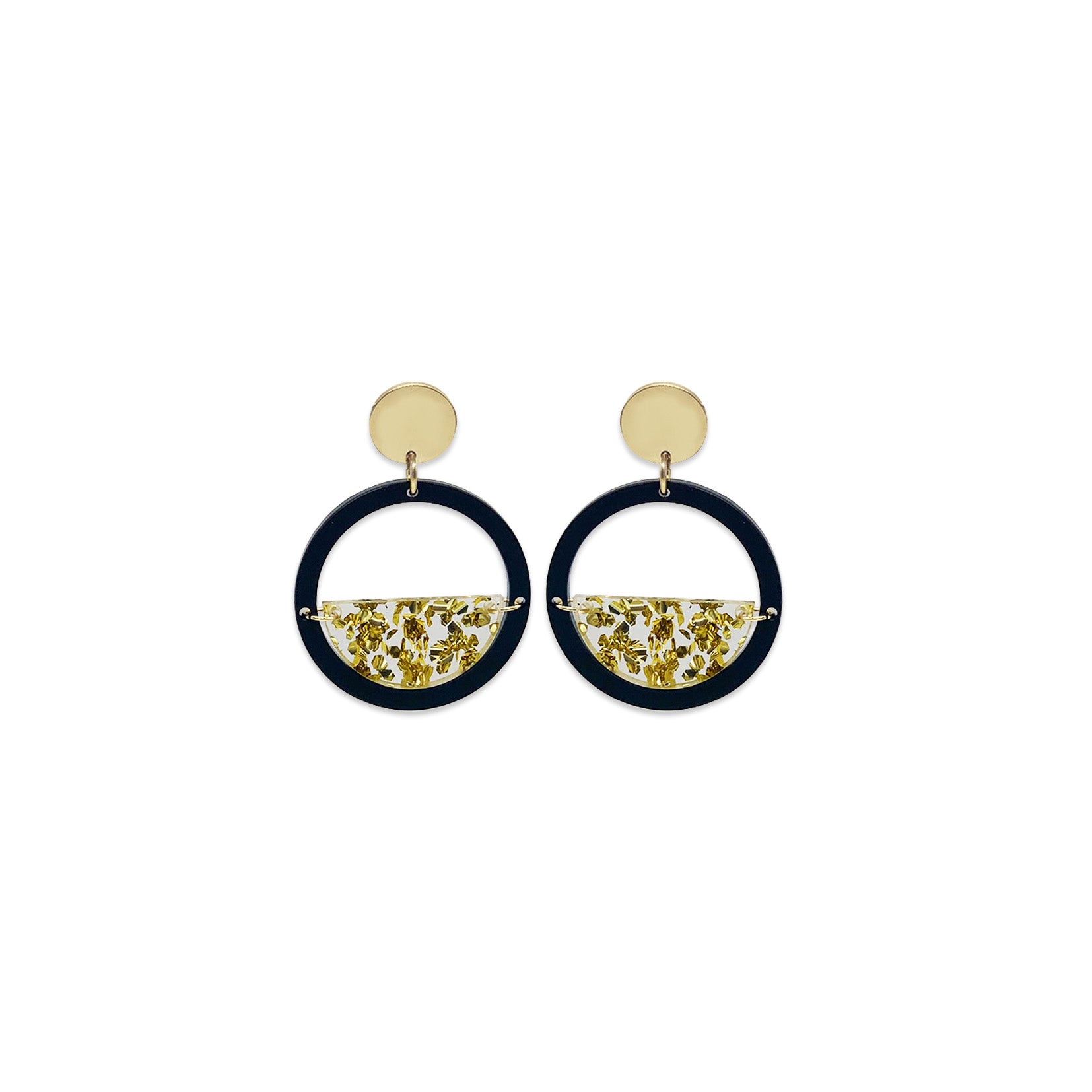 Glitter Globe Earrings - Black Gloss & Gold Fleck