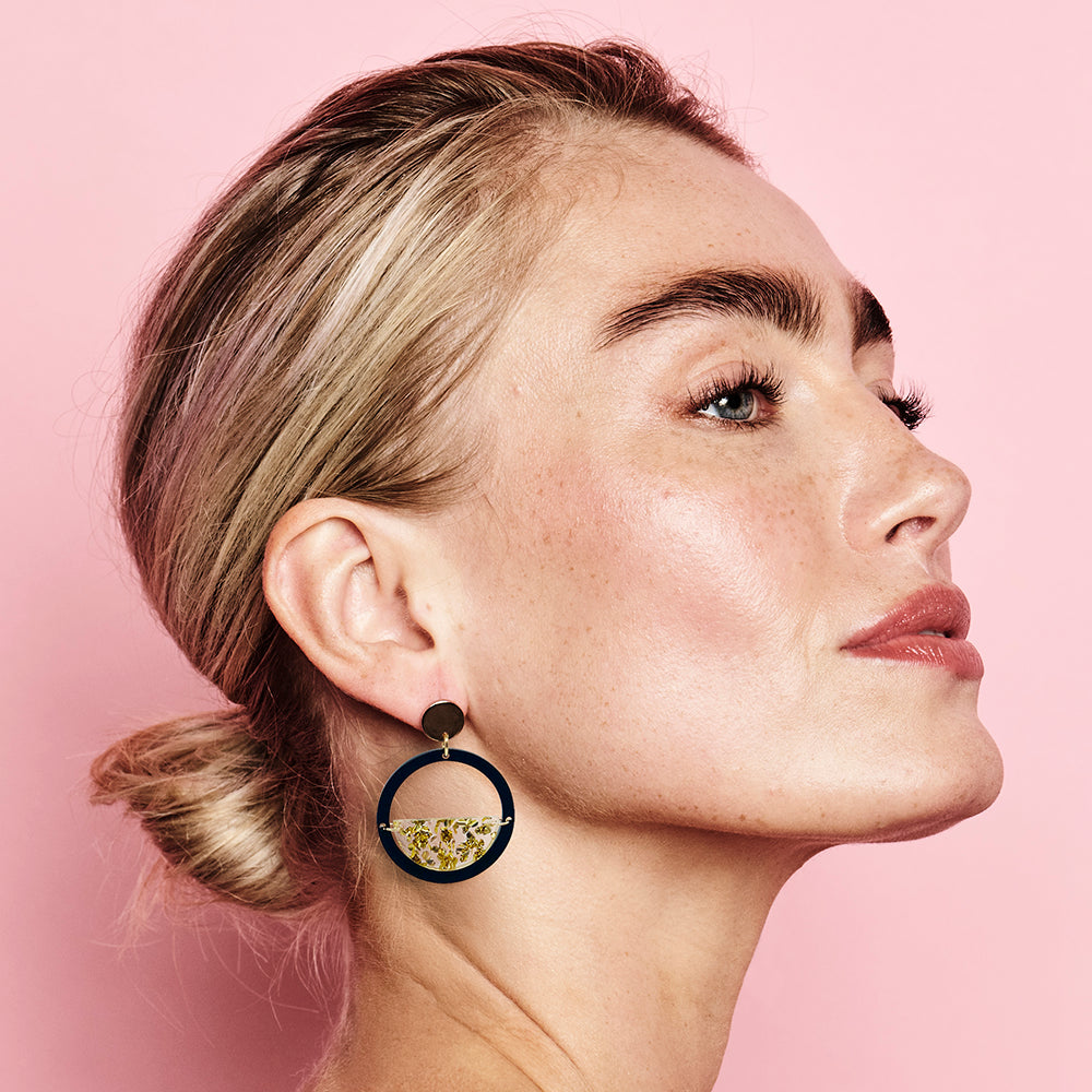 Glitter Globe Earrings - Black Gloss & Gold Fleck