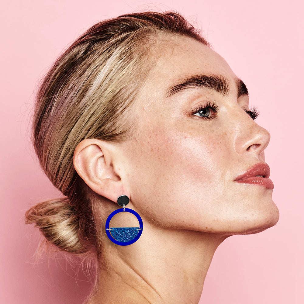 Glitter Globe Earrings - Royal Blue Pearl & Blue Glitter