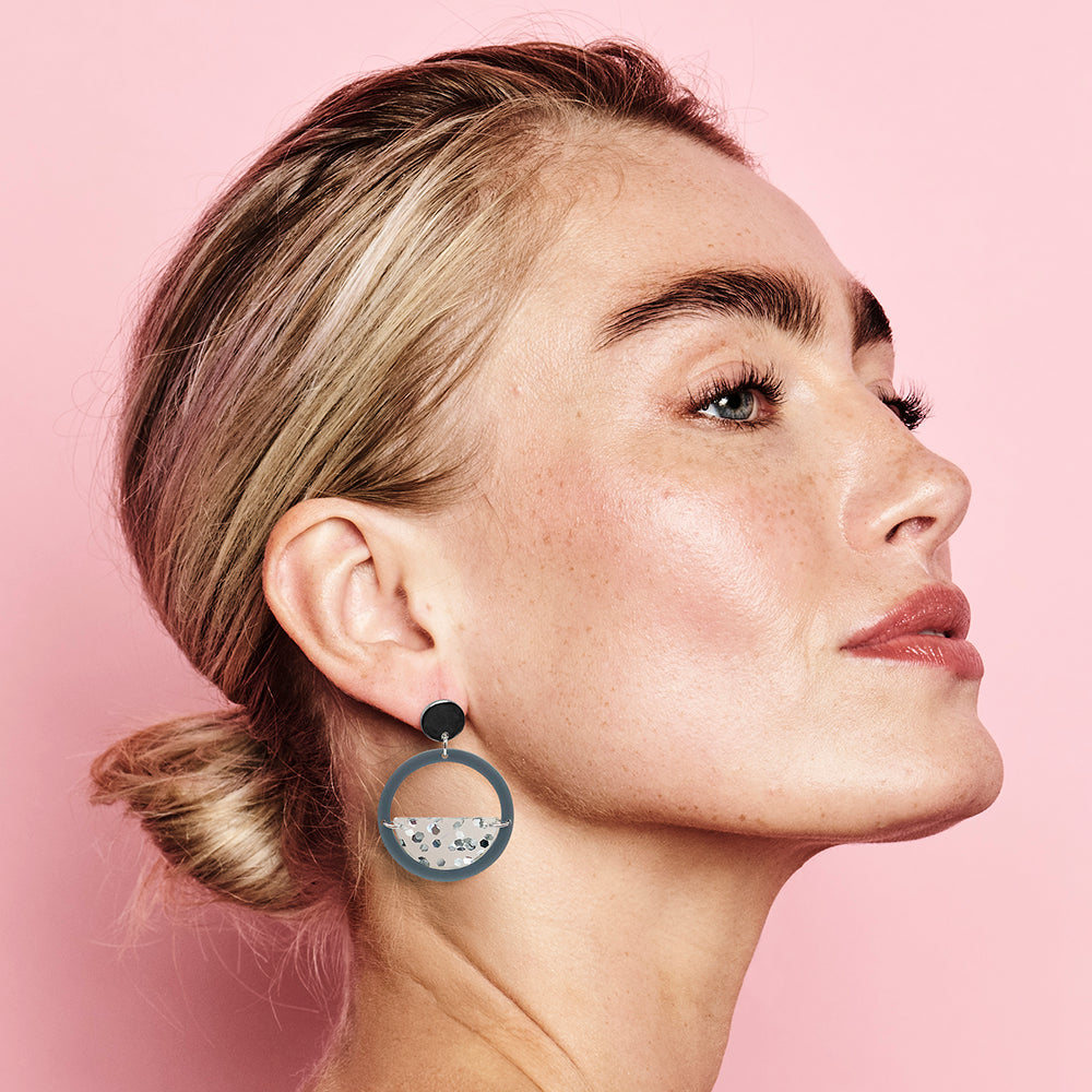Glitter Globe Earrings - Royal Silver & Silver Fleck