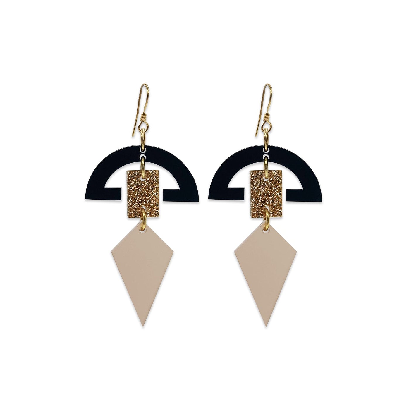 Half Moon Drop Earrings - Black, Gold Glitter & Champagne