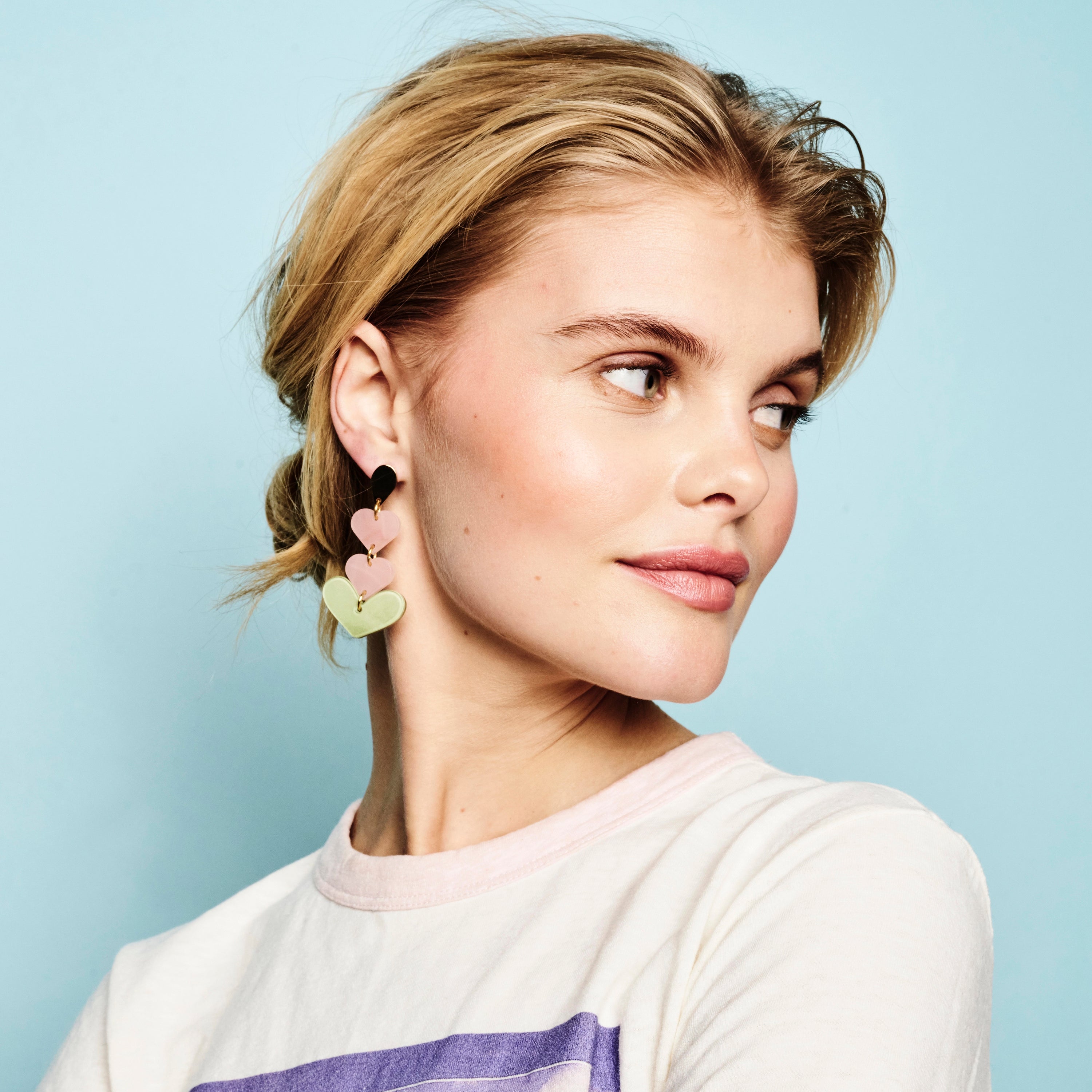 Heart Drop Earrings - Pink and Jade Green