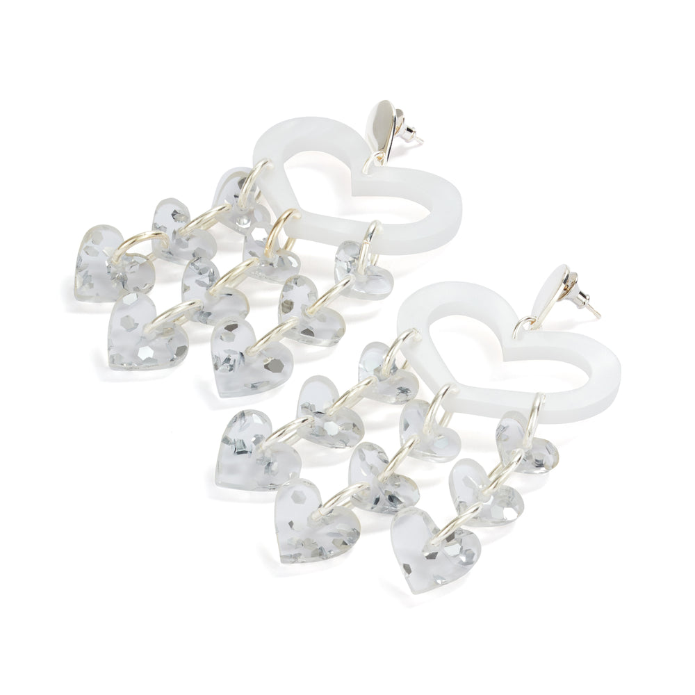 Heart Chandelier Earrings - White Pearl & Silver Fleck