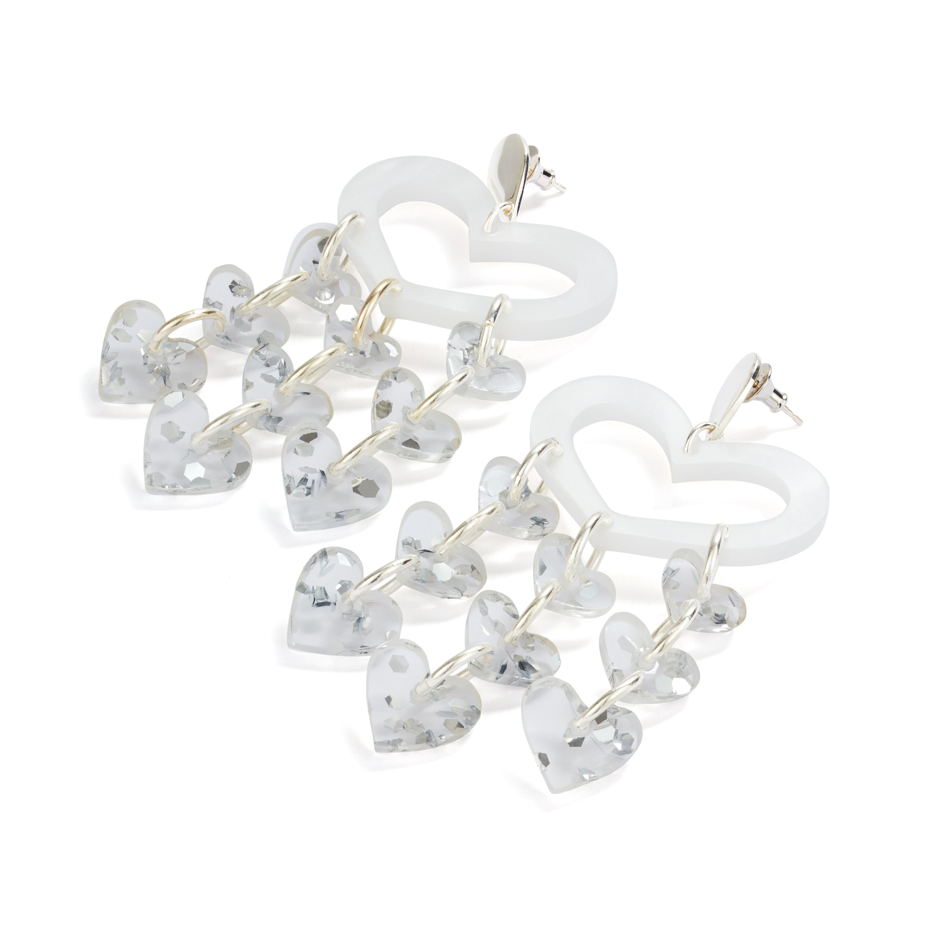 Heart Chandelier Earrings - White Pearl & Silver Fleck