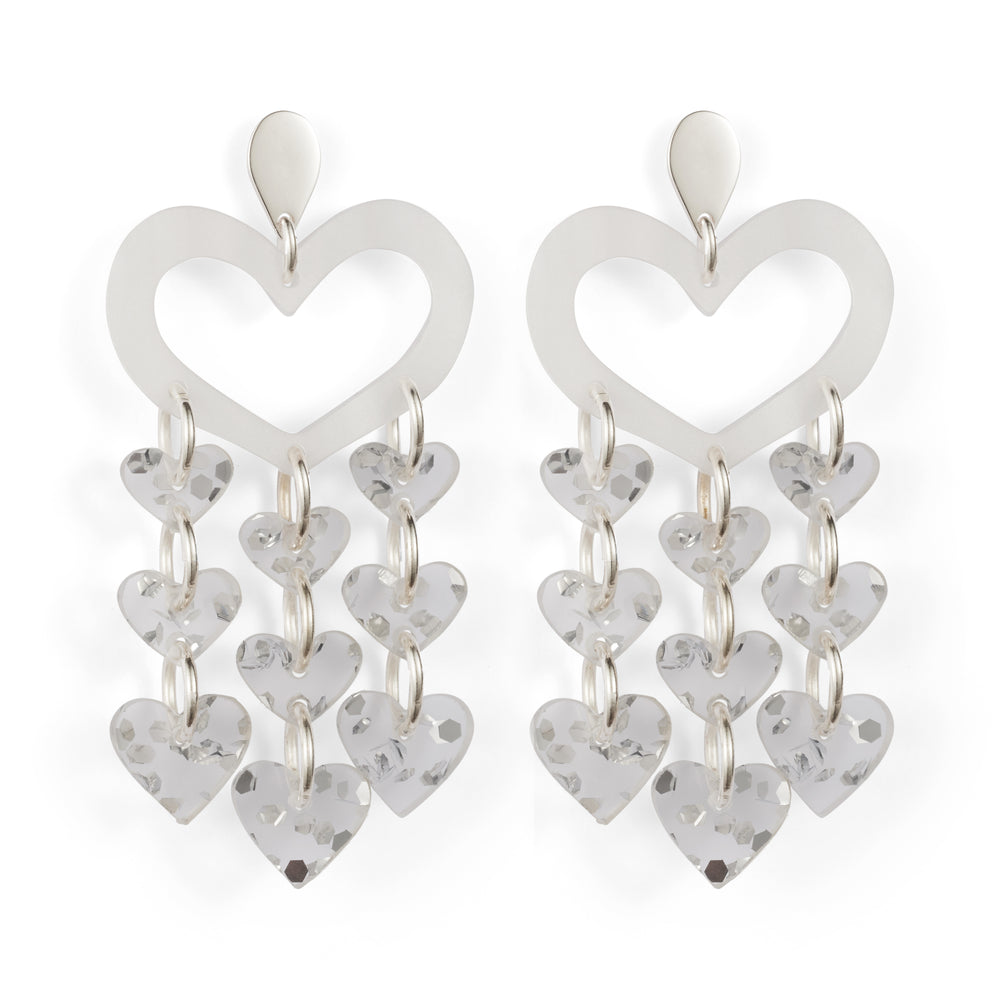 Heart Chandelier Earrings - White Pearl & Silver Fleck
