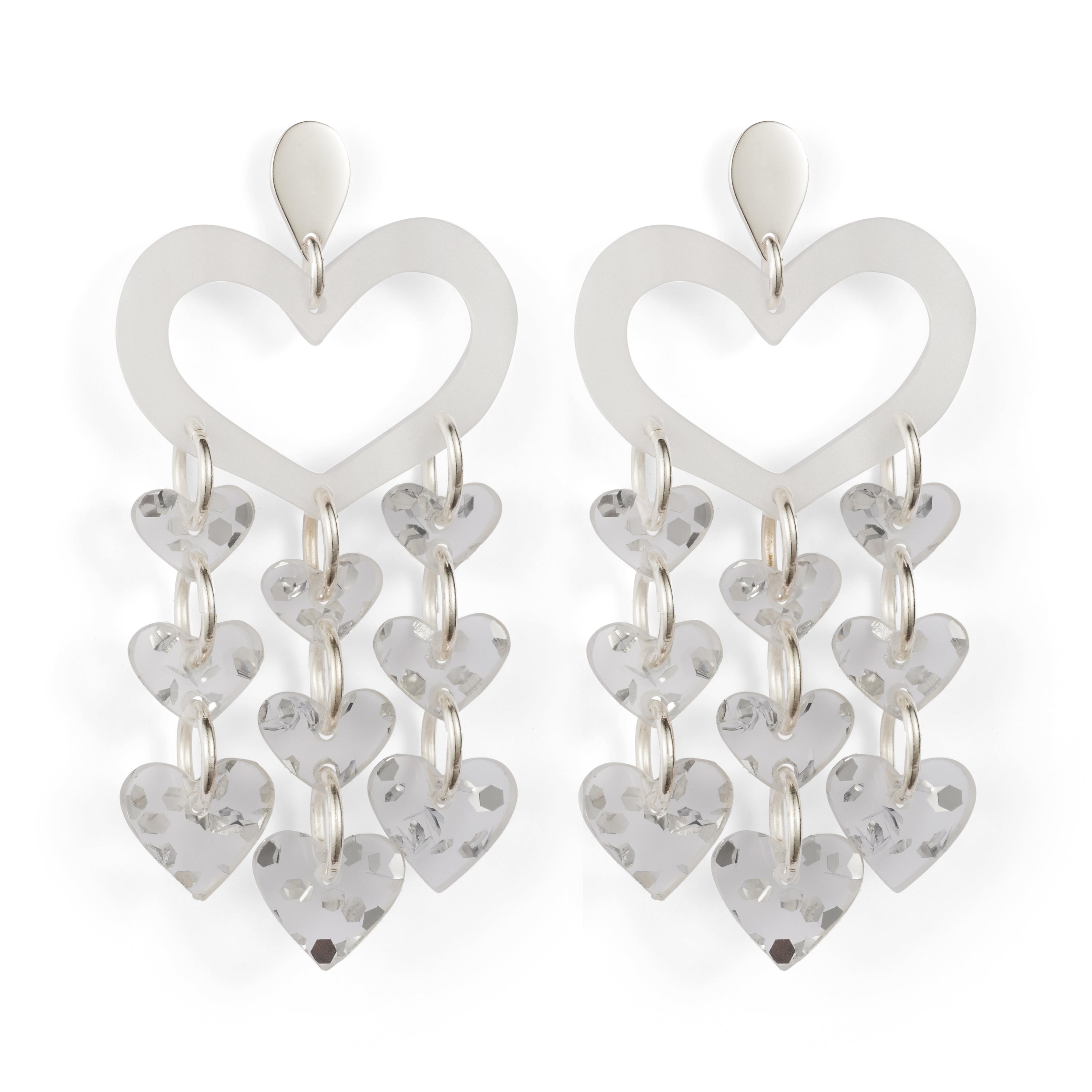 Heart Chandelier Earrings - White Pearl & Silver Fleck