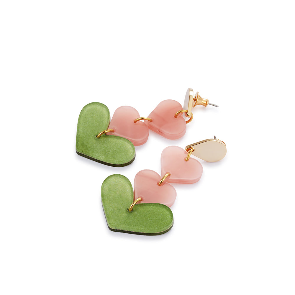 Heart Drop Earrings - Pink and Jade Green
