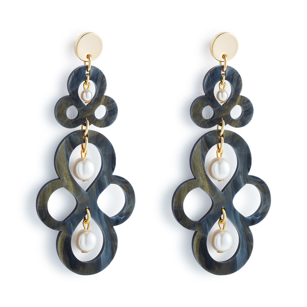 Batik Earrings - Black Swirl & Pearl