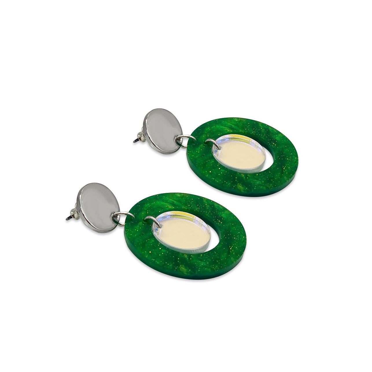 Large Dotty Dot Earrings - Green Glitter & Iridescent