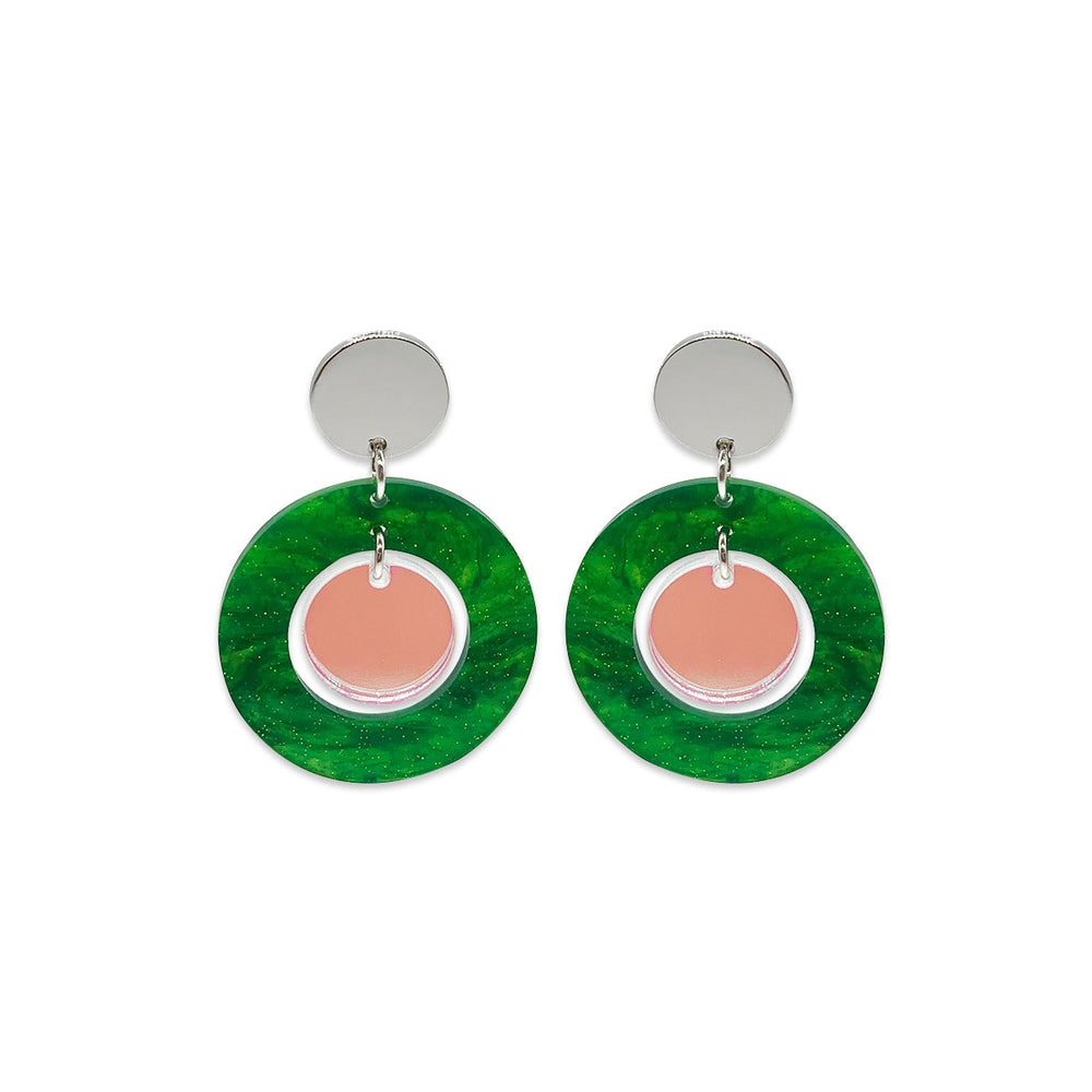 Large Dotty Dot Earrings - Green Glitter & Iridescent