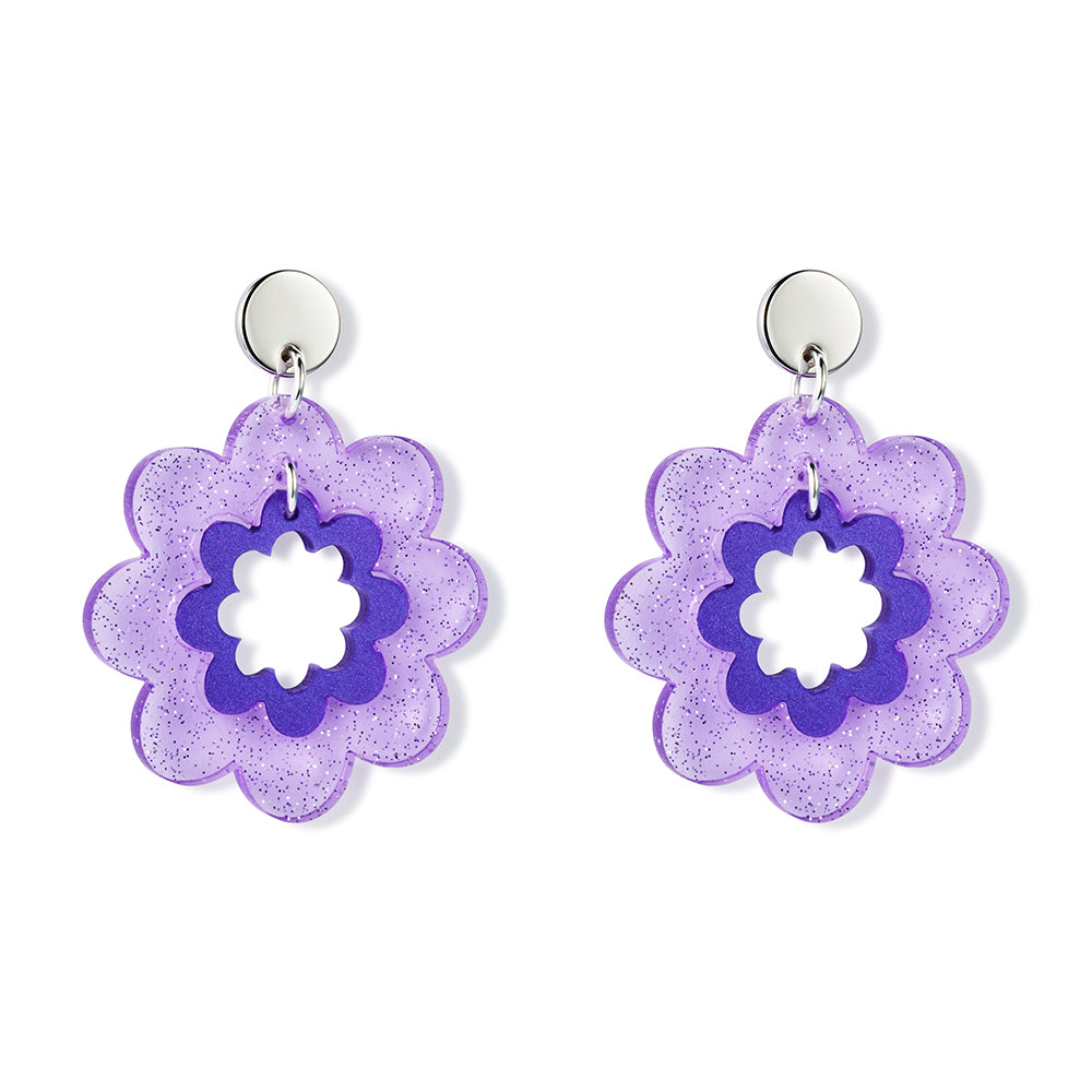 Funky Flowers Earrings - Purple Glitter & Royal Purple