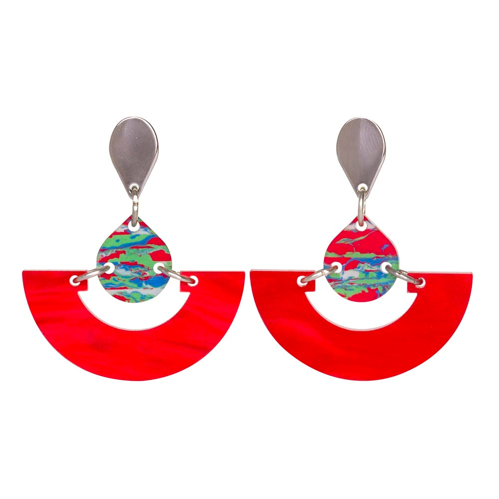 Mini Fans Earrings - Red Pearl & Red Splatter