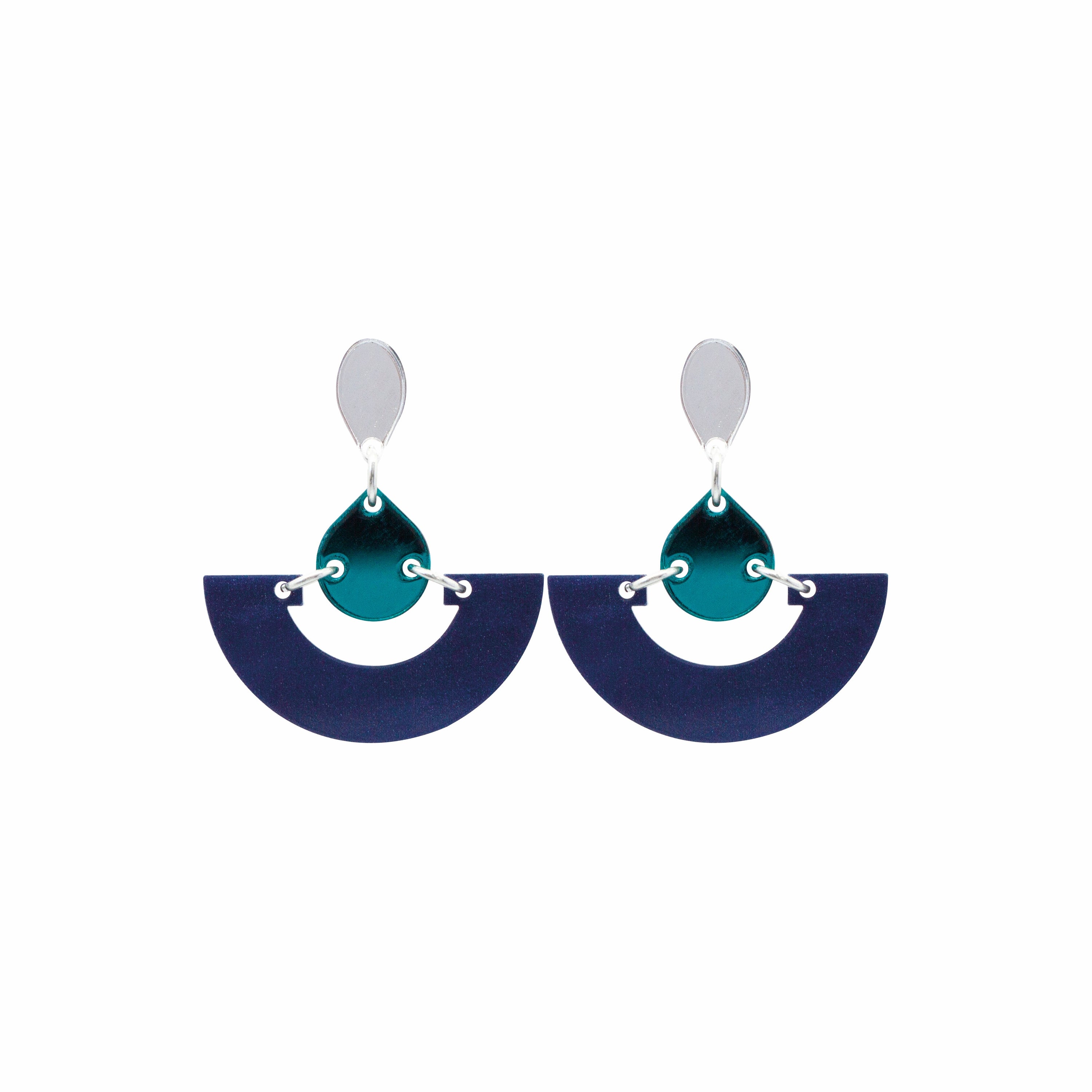 Mini Fans Earrings - Navy Blue Pearl & Teal Mirror