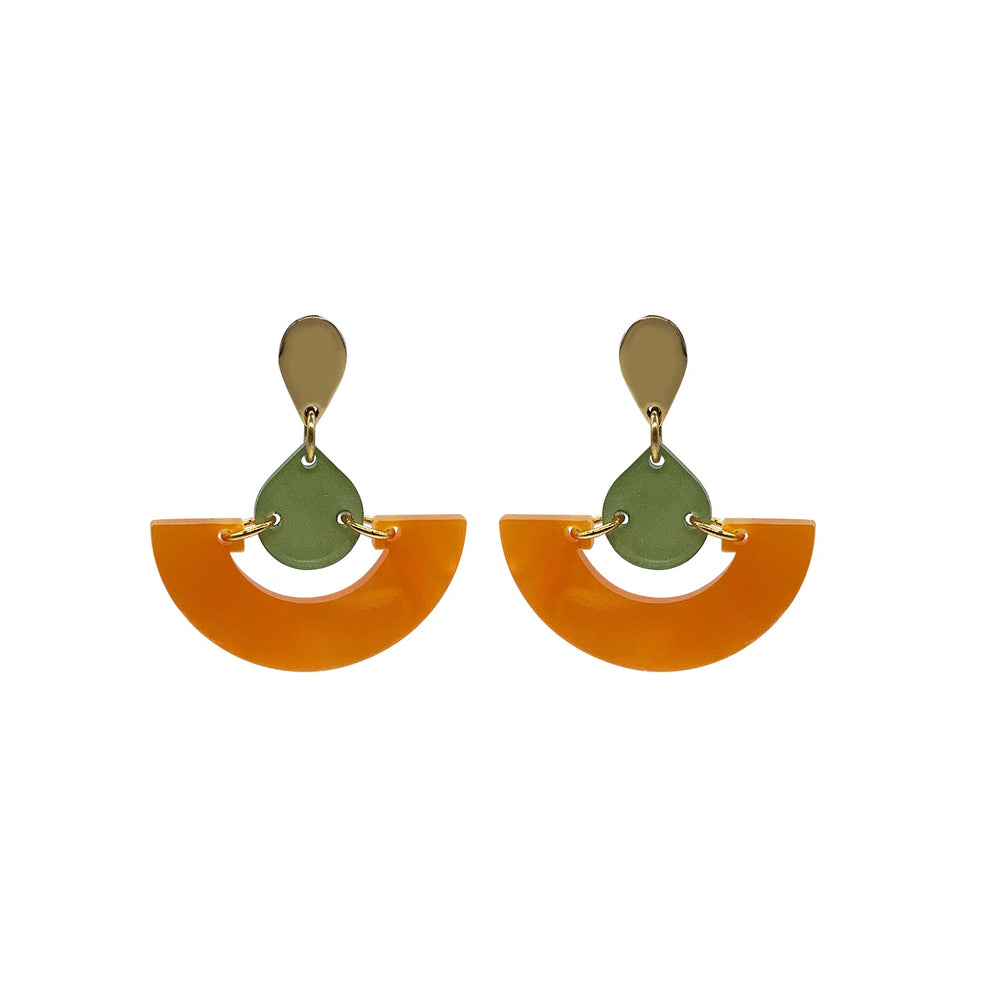 Mini Fans Earrings - Orange Pearl & Jade Stone