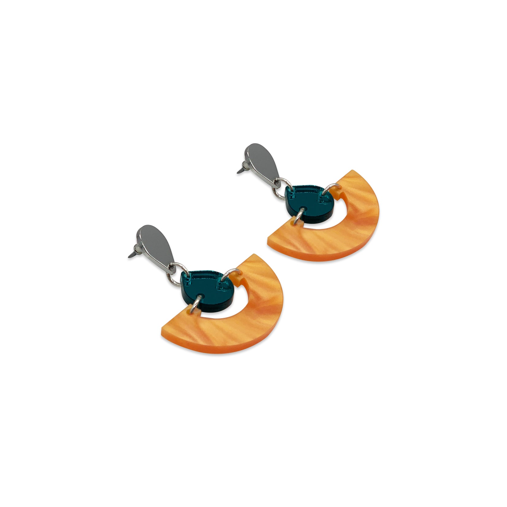 Mini Fan Earrings - Orange Pearl & Teal Mirror