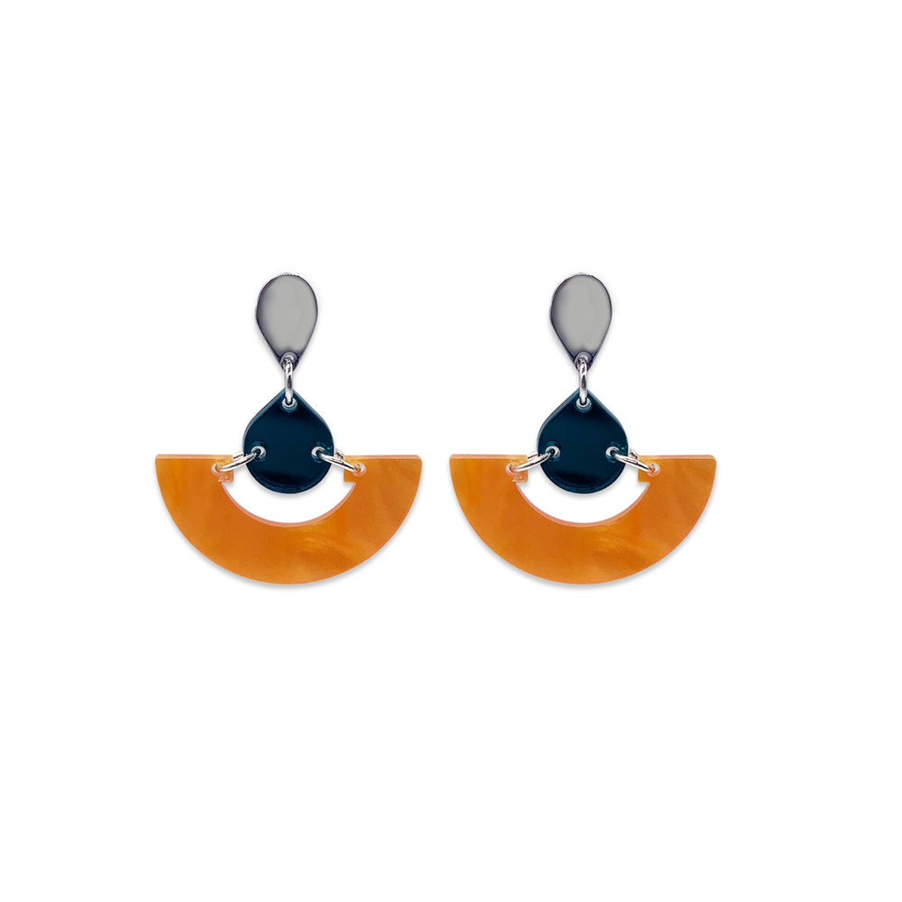 Mini Fan Earrings - Orange Pearl & Teal Mirror
