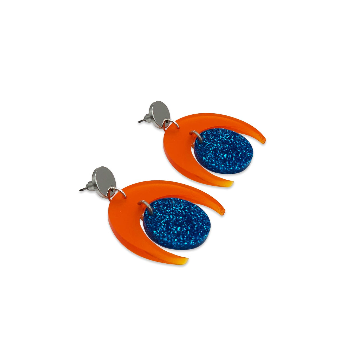 Moon Circle Earrings - Mandarin & Blue Glitter