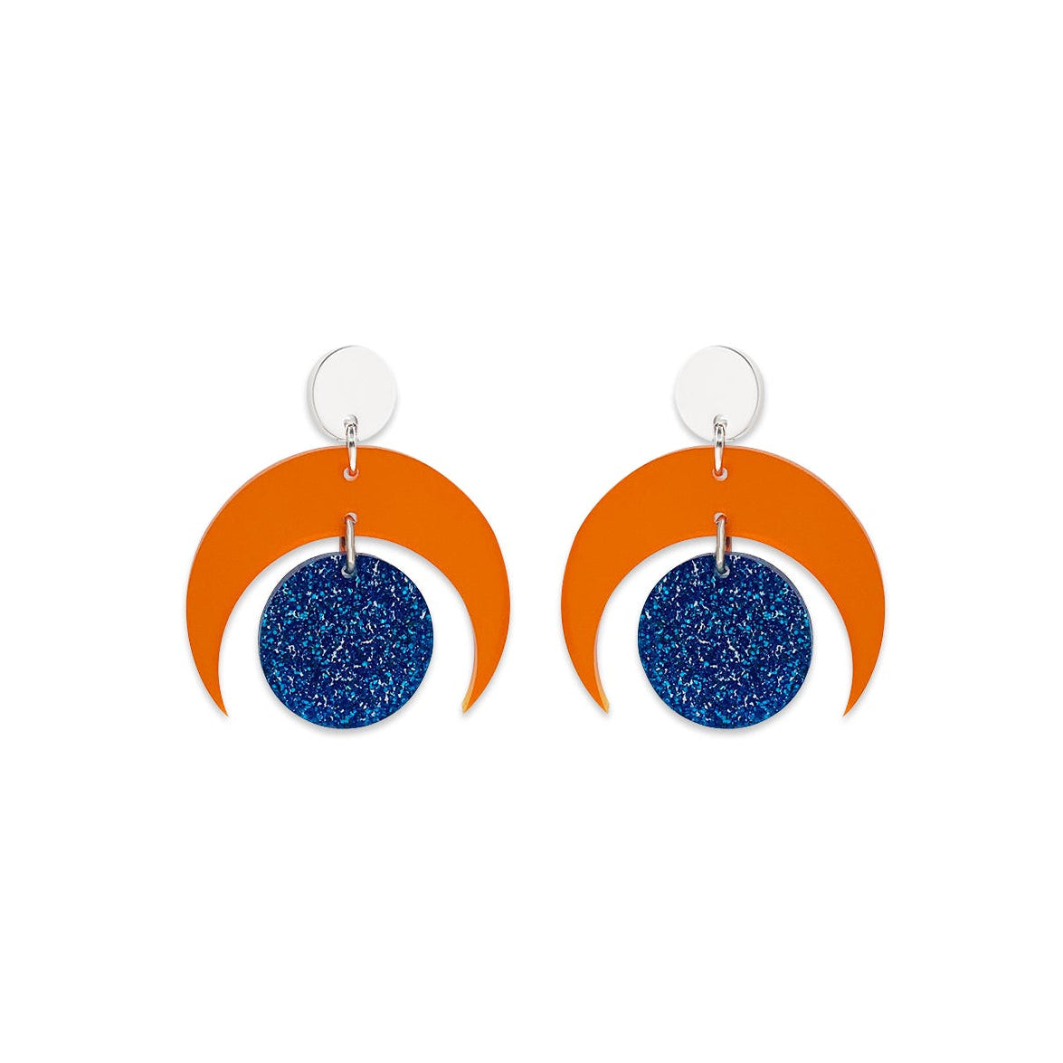 Moon Circle Earrings - Mandarin & Blue Glitter