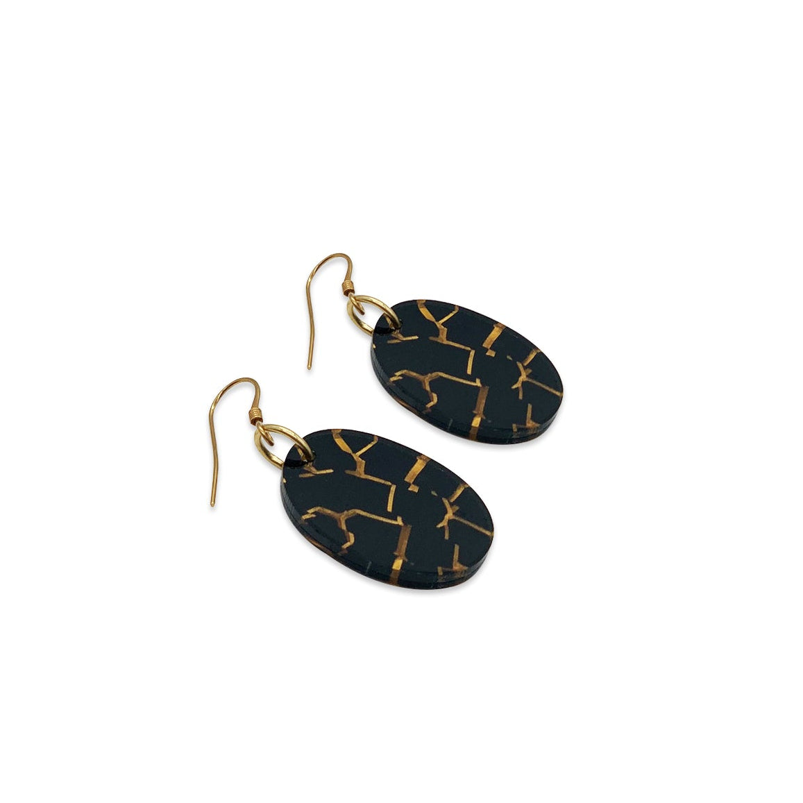 Oval Earrings - Black Crackle