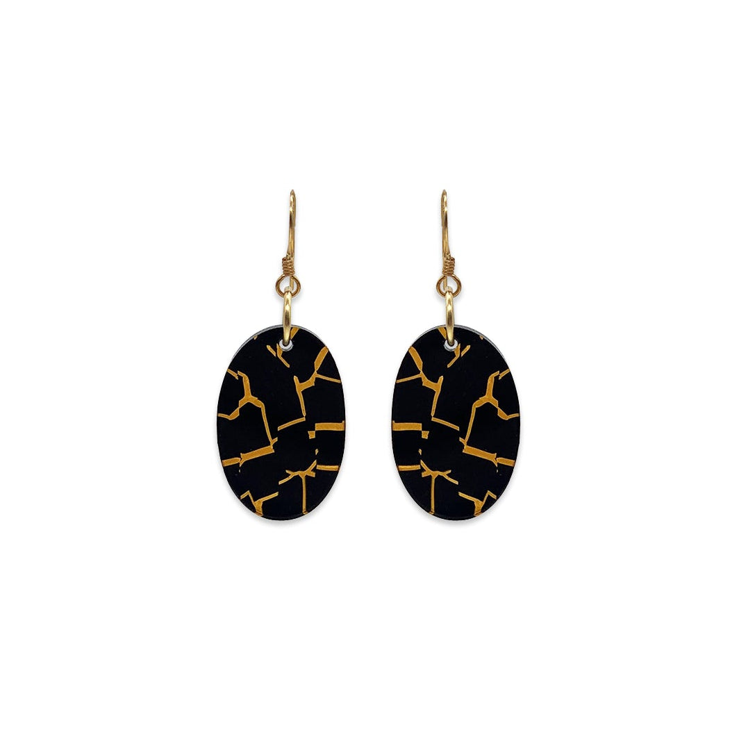 Oval Earrings - Black Crackle