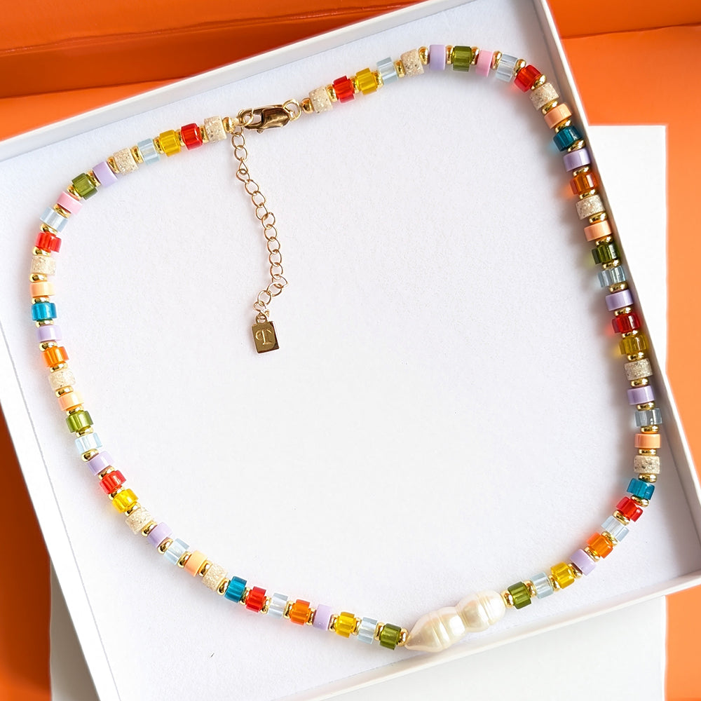 Beaded Necklace - Rainbow & Pearl