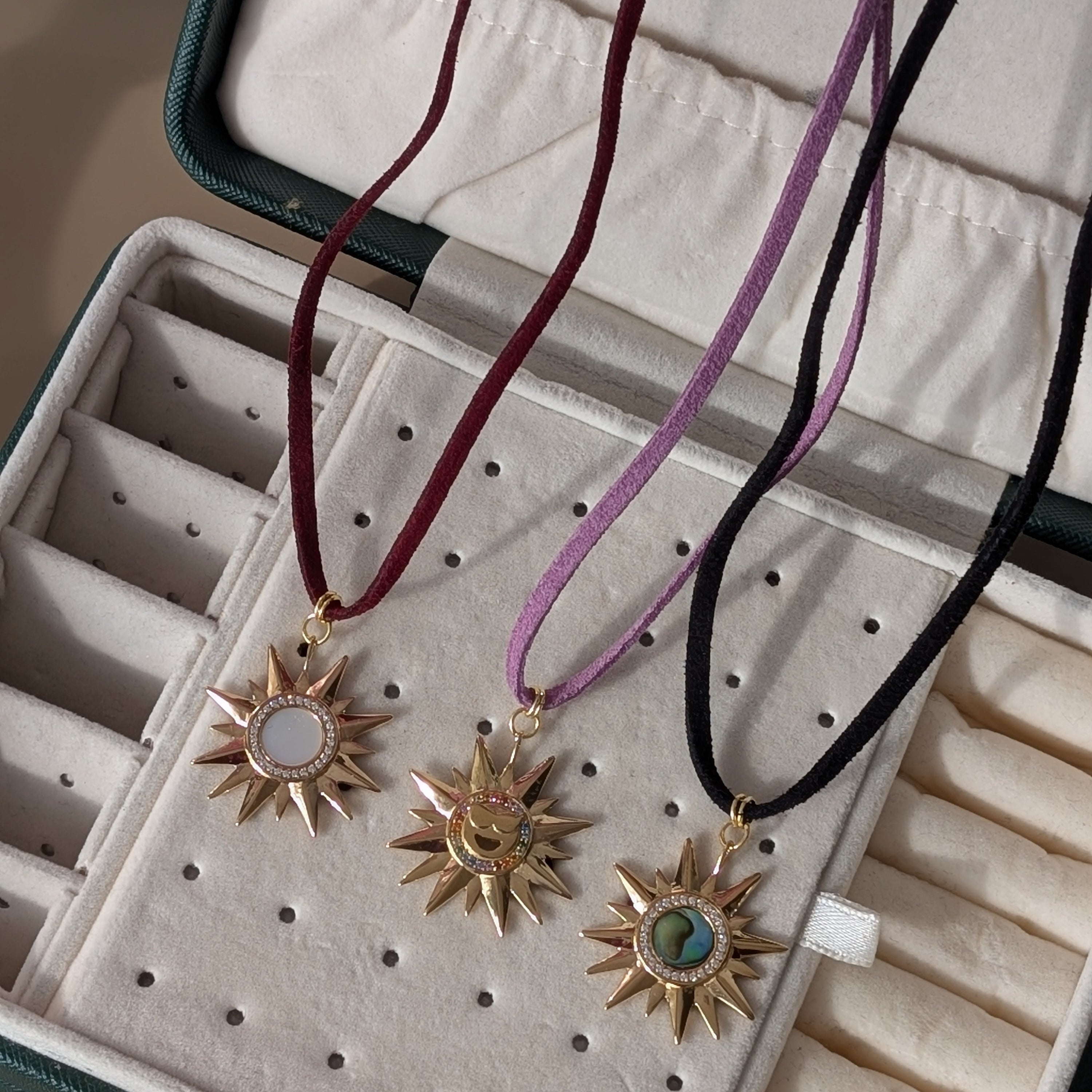 Sunburst Suede Necklace - White Mother of Pearl on Burgundy