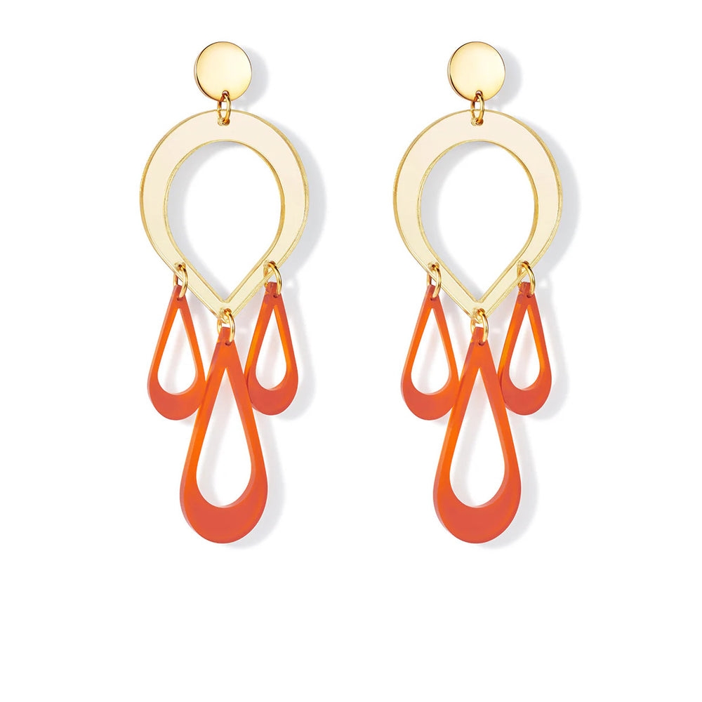 Teardrop Chandelier Earrings - Gold Mirror & Burnt Orange