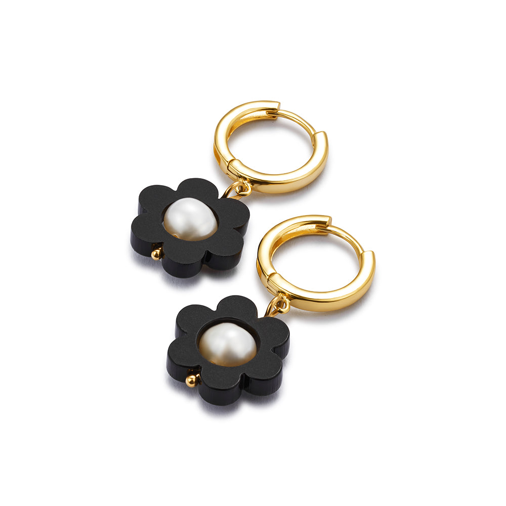 Flower Pearl Huggie Earrings - Black